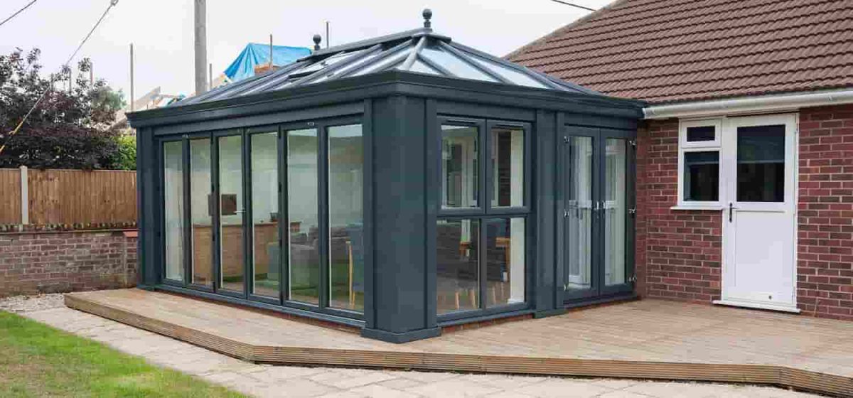Outside a Black aluminium conservatory in Leicestershire.