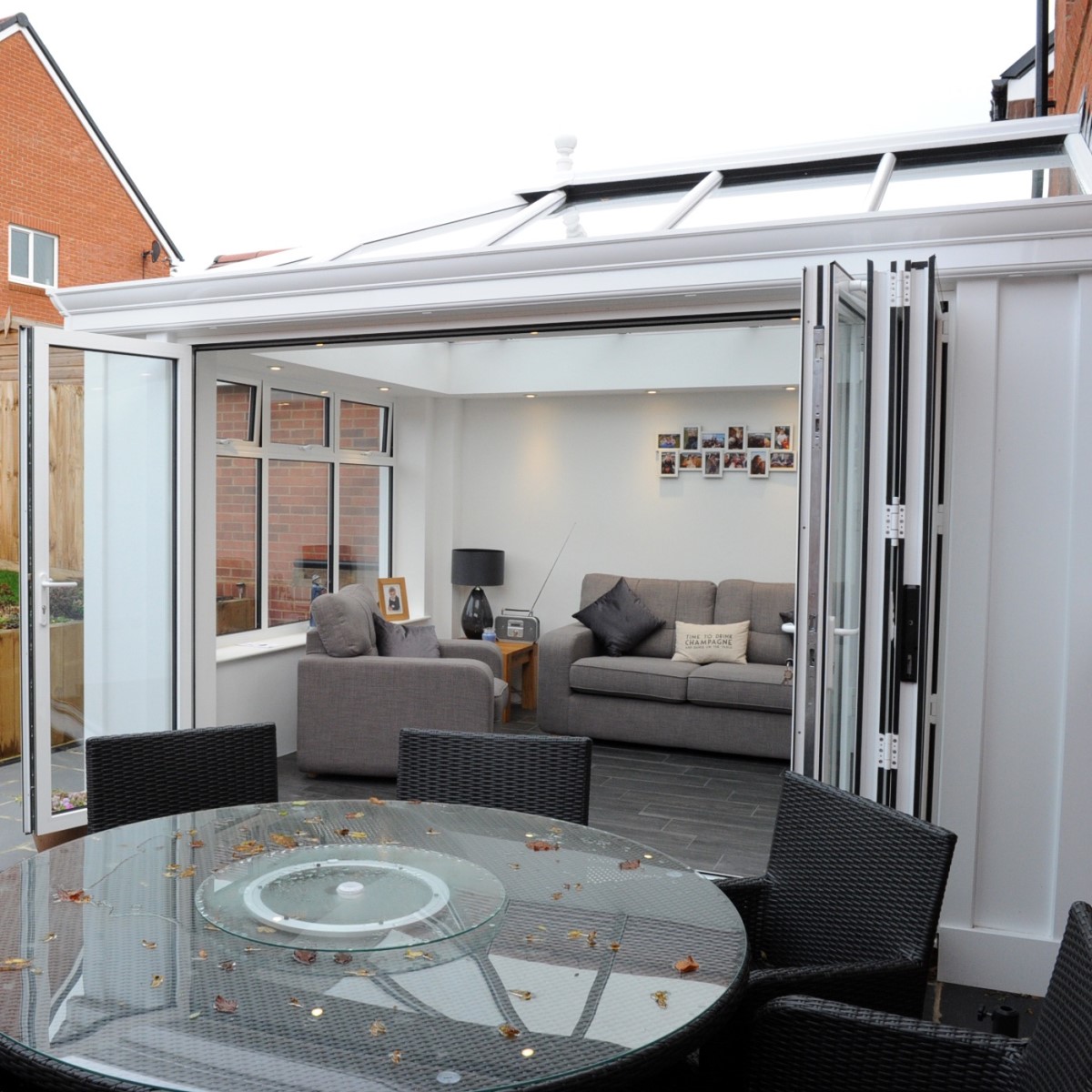 Loggia Orangery Conservatory in White - Exterior with Doors Wide Open